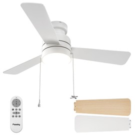 Passky Ceiling Fans with Lights, 42 inch Low Profile Ceiling Fan with Pull Chain and Remote Control, Flush Mount, Reversible, 5CCT, Dimmable, Noiseless, White Pull Cord Ceiling Fan for Bedroom