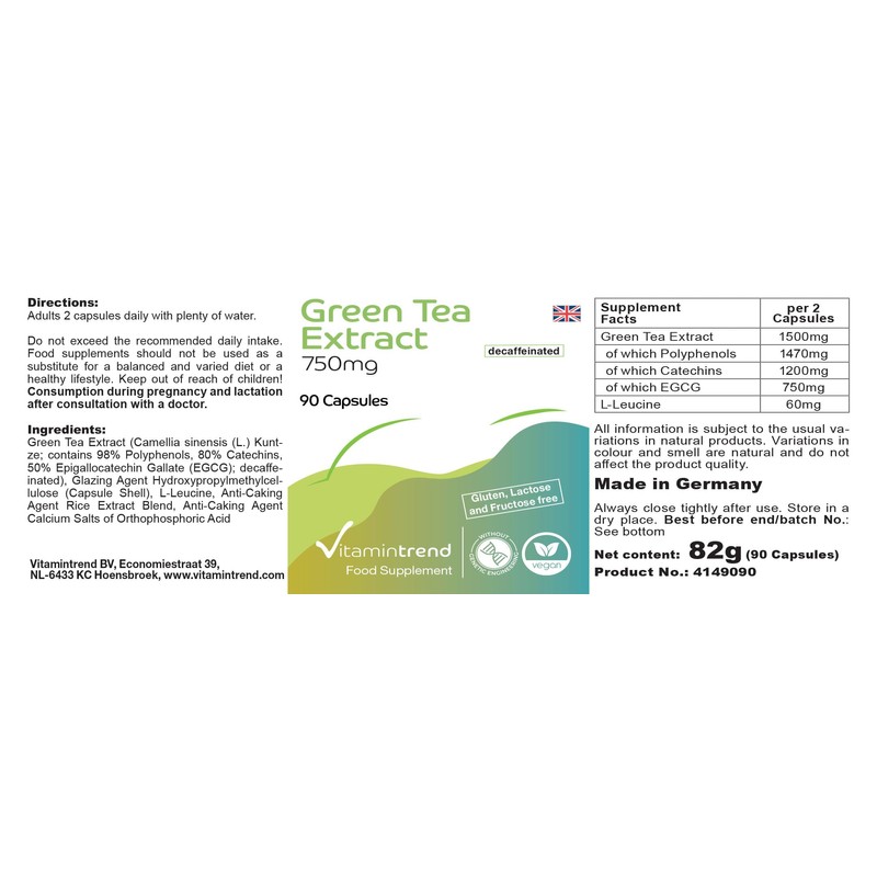 Green Tea Extract 750 mg - 90 Capsules - Decaffeinated