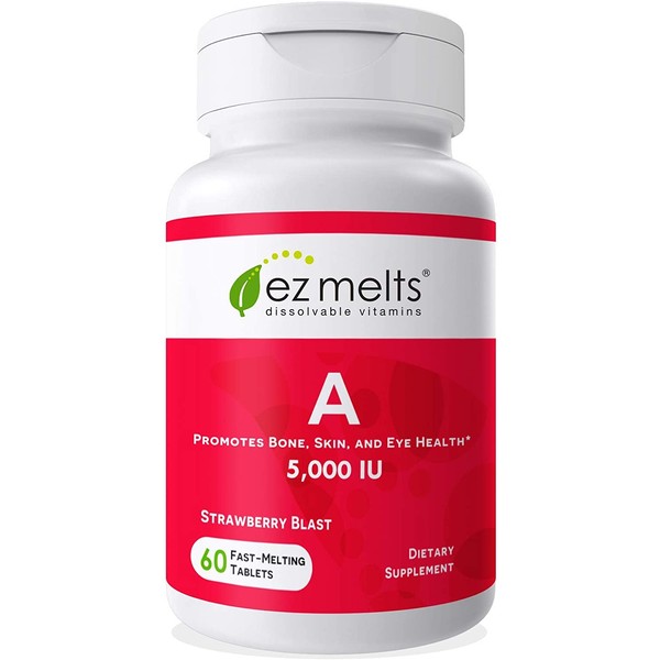 EZ Melts A as Retinol, 5,000 IU, Immune Support, Sublingual Vitamins, Vegan, Zero Sugar, Natural Strawberry Flavor, 60 Fast Dissolve Tablets
