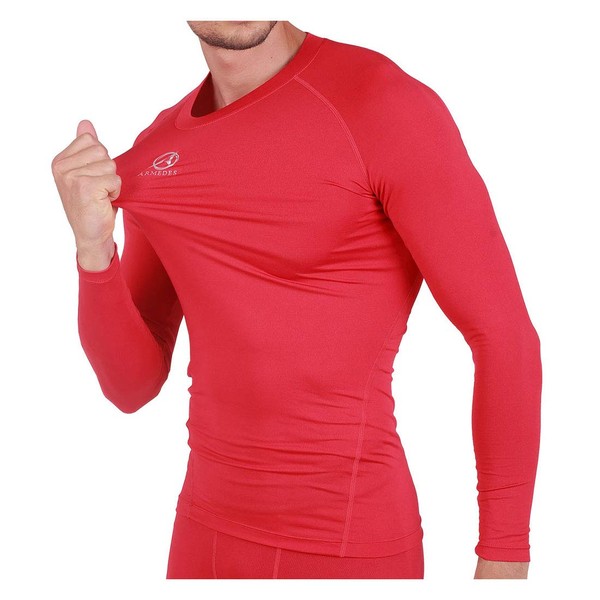 Armedes AR141 Men's Long Sleeve Inner Wear, Compression Wear, Round Low Neck, For Sports, Gym, Jogging, Running, Soccer, Golf, All Season, red, 3XL