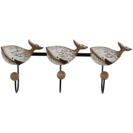 Deco 79 Wood Whale Handmade Distressed 3 Hanger Wall Hook with Black Metal Accents and Wood Ball Details, 18" x 4" x 8", Beige