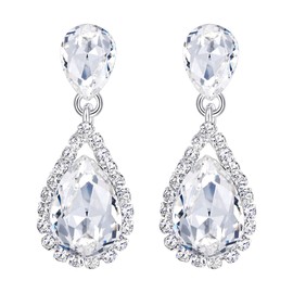 BriLove Women's Wedding Bridal Jewellery Boho Rhinestone Crystal Teardrop Infinity Dangle Pierced Earrings Clear Silver Tone