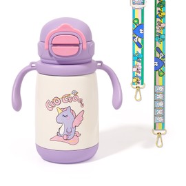 PHEENOWL 13oz Kids Insulated Water Bottle, 2-in-1 Straw & Spout Lid, with Shoulder Strap and Handle, 316 Stainless Steel Water Bottle for Sports, Travel, and School (Purple Unicorn)