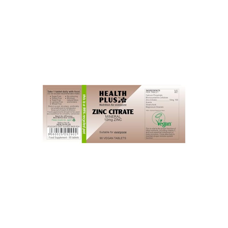 Health Plus Zinc Citrate 10mg : Mineral supplement : 90