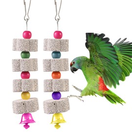 SIXHAOBU Pack of 2 Large Bird Chew Toy, Mineral Stone Molar Toy with Bell, Birdbeak Whetstone, Chew Toy for Parrots, Cockatoo, Parakeet, Budgie, Lovebird