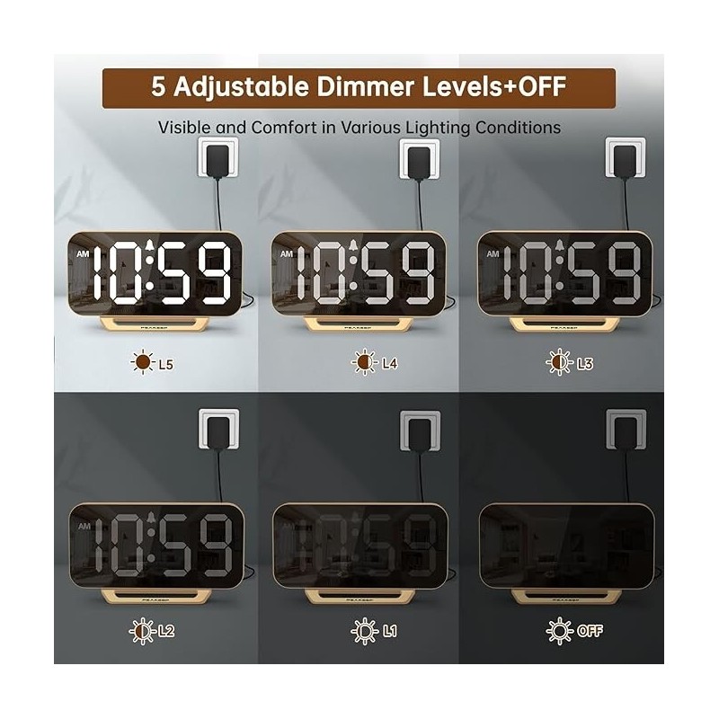 Peakeep Slim Digital Mirror Clock, Aesthetic Alarm Clock for Desk