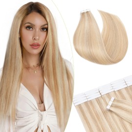 S-noilite 22" Tape Hair Extension Human Hair Brazilian Hair Ash Blonde & Bleach Blonde 40pcs Set Remy Tape In Human Hair Extension With Double Side Tape Silky Straight 100g,2.5g/pcs(22",#18P613)