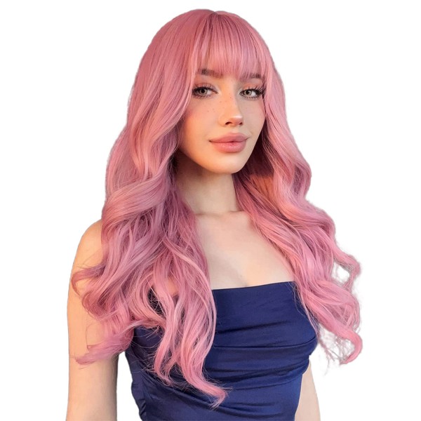 N NAYASA Pink Wigs with Bangs Long Wavy Pink Wigs for Women Synthetic Natural Wavy Wig Heat Resistant Colorful Wigs for Daily Party Cosplay Use 22”