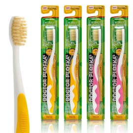 MOUTHWATCHERS - Cepillo de dientes suave para niños, paquete de 4, cepillo de dientes manual con hilo dental, ultra limpio, 2 cepillos de dientes amarillos y 2 rosados, por Dr. Plotka's
