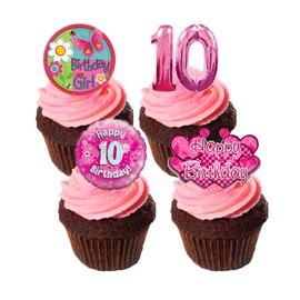 10th Birthday Girl, Edible Cupcake Decorations - Pink, Stand-up Wafer Cupcake Toppers (Pack of 12)