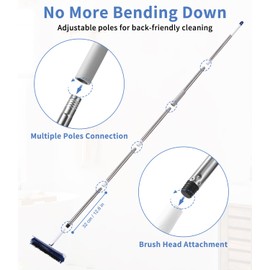 Scrubber with Handle, 2-in-1 Floor Scrubber with Water Pusher & Stiff Bristles, 5-Piece Handle up to 1.8 m, Floor Brush for Tiles, Bathroom, Kitchen, Patio, Garage, Pool, Ideal as a Patio Brush