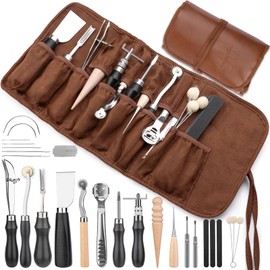 Leather Working Tools, Leather Craft Tools with Edge Beveler, Skiver, Stitching Tools Sewing Needles, Groover Skiving Tools for Leather Repair Leather Craft Kit for Leathercraft Beginner Adults