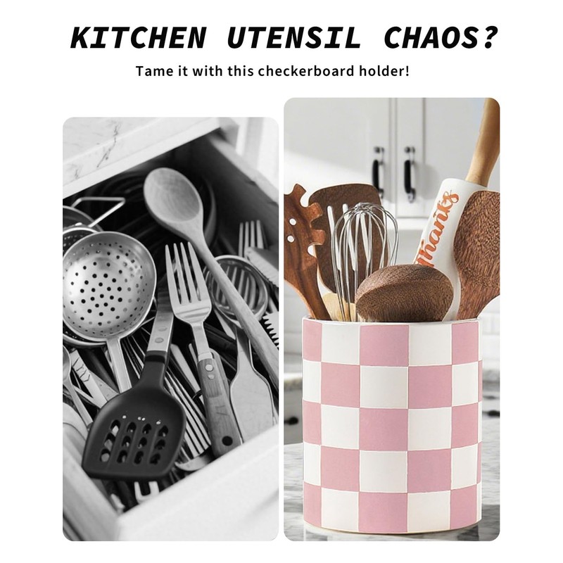Swkien Utensil Holder，7.2 Inch Checkered Utensil Holder, Ceramic Cooking Utensil