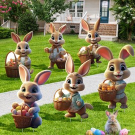 Giggleye Easter Bunny Garden Stake, 2D Easter Advertising Signs, Easter Yard Sign for Garden Decoration, Large Easter Decoration Outdoor, Easter Egg Hunt, Spring Decoration Outdoor (38 x 22 cm, 6