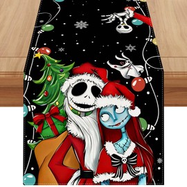 Linen Nightmare Before Christmas Table Runner 72 Inches Long Jack Skeleton and Sally Christmas Xmas Winter Holiday Home Kitchen Dining Room Table Decorations