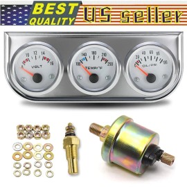 Unbranded Universal 2" 52mm Chrome Volt Water Oil Pressure Triple 3 Gauge Set Gauges I7U8