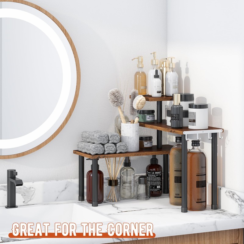 GHWIE Corner Shelf Organizer, 3 Tier Bamboo Kitchen Countertop Rack