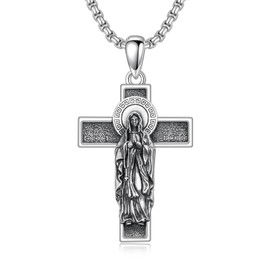 ROMANTICWORK Virgin Mary Necklace 925 Sterling Silver Virgin Mary Cross Pendant Protect Jewelry for Men Husband Birthday Christmas