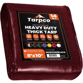 Tarpco Safety Extra Heavy Duty 14 Mil Tarp Cover, Waterproof, UV Resistant, Rip and Tear Proof, Poly Tarpaulin with Reinforced Edges for Roof, Camping, Patio, Pool, Boat (Maroon/Black 8′ X 10′)