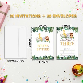 Ycyfckdr Young Wild and Three Birthday Invitations for Kids Girls Boys, 3rd Safari Animals Birthday Party Invitation Cards, Party Decor Supplies - 20 Fill in Invitations with Envelopes (C12)