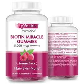 Gynable Hair Skin and Nails Vitamins: Biotin Gummies - 5000mcg Biotin for Hair Growth and Stronger Nails for Women & Men - Vegan Gummy Vitamin B7, 30 Days Supply, Raspberry,60 Counts