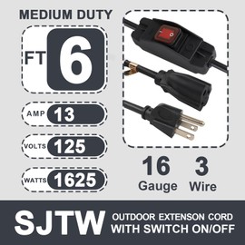 EP 6 Ft Outdoor Extension Cord, 16/3 SJTW Heavy Duty Short Extension Cable with On Off Switch, 3-Prong 3 Outlet Household Switchable Power Cord, Black