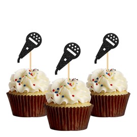 MonMon & Craft Microphone Cupcake Toppers/Music Theme Cupcake Toppers/Baby Shower Wedding Engagement Party Cupcake Dessert Decorations - Rock Birthday Cupcake Toppers Glitter 24 Pcs