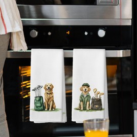 Mcehtle Golden Retriever Golfing Kitchen Towels Set of 2, Dog Gifts for Golf Lovers, Funny Kitchen Stuff, Sports Gifts, Pet Golf Club Decorative Tea Towels Dish Towel, 16x24 Inch