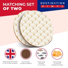 Destination Vinyl ltd 2 x MDF Glossy Top Coasters Round - Vintage Art Deco Pattern White Gold 12760