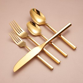 Mirror Silverware Set Gold Flatware Set with Hexagon Handle 20 Pieces 18/0 Stainless Steel Cutlery Set Wedding Housewarming Gift Service for 4 (Mirror gold)