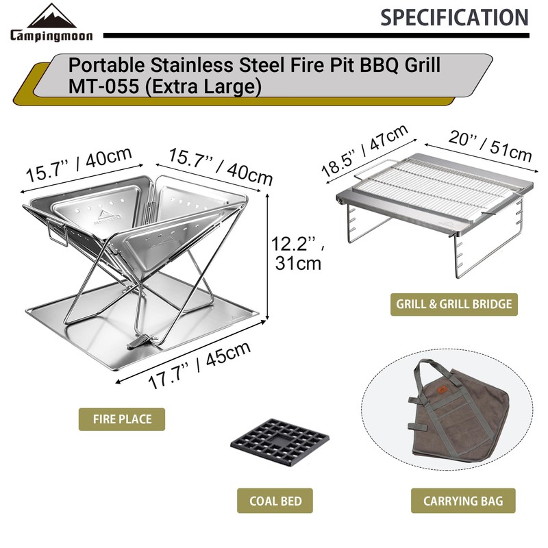 CAMPINGMOON Portable Stainless Steel Wood Burning Grill and Fire Pit