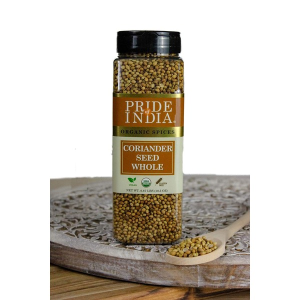 Pride Of India - Organic Coriander Seed Whole - 16 oz (453 gm) Large Dual Sifting Jar - Authentic Indian Culinary Spice - Best for Chutney, Pickles & Casseroles - Superb Value for Money