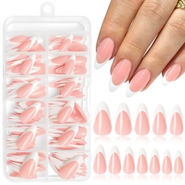 Lifextol 216PC White French Tip Press on Nails Medium Fake Nails Press ons with 10*Adhesive Tabs, Pink Almond Acrylic Nails Press on Nails French Tip Nails False Artificial Fingernails Stick on Nails