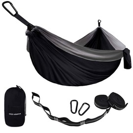 Gold Armour Hamaca de camping – Hamaca portátil individual hamaca accesorios de camping equipo para exteriores interiores y adultos niños, marca con sede en Estados Unidos (negro y gris)