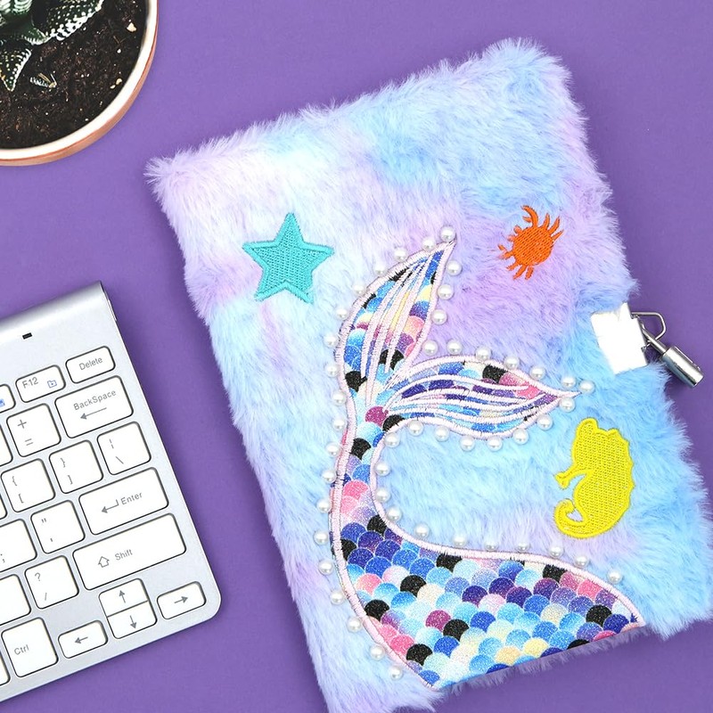 A5 Plush Mermaid Notebook,Mermaid Diary Glitter Journal Hardcover Lined Portable