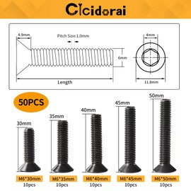 Cicidorai M6 x 30mm 35mm 40mm 45mm 50mm Flat Head Hex Socket Cap Screws Countersunk Bolts, 10.9 Grade Alloy Steel, Black Oxide Finish, Fully Threaded, Metric Allen Hex Drive, Assortment Kit 50Pcs