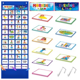 Kids Visual Schedule Calendar Chart, Daily Chore Routine Chart with 88 Double Sided Cards (77 Pre-printed & 9 Dry Erase Blank Cards) Toys for Autistic Children Age 4-7 ADHD Tools (2 Metal Hooks)