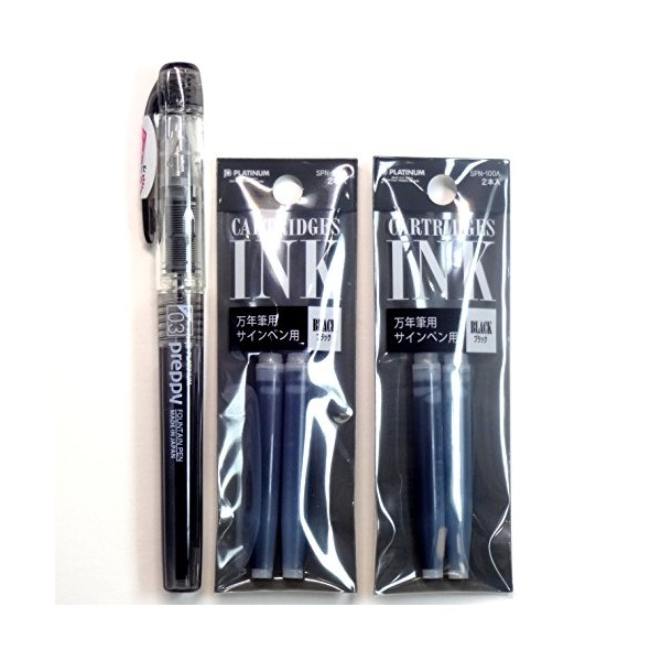 Platinum Fountain Pen, New Preppy, Fine Nib, Black(PSQ-300#1) + Ink Cartridges SPN-100A#1 (Black) Set (Japan Import) [Komainu-Dou Original Package]