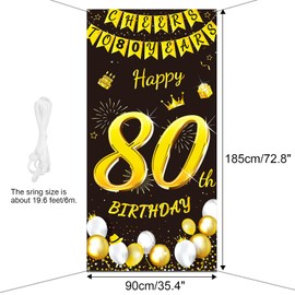 DPKOW Black Gold 80th Birthday Decoration for Man Woman, Black Gold 80th Birthday Banner for Backdrop Door Decoration, Fabric 80th Birthday Background Banner for Garden Table Wall Decoration, 185x90cm