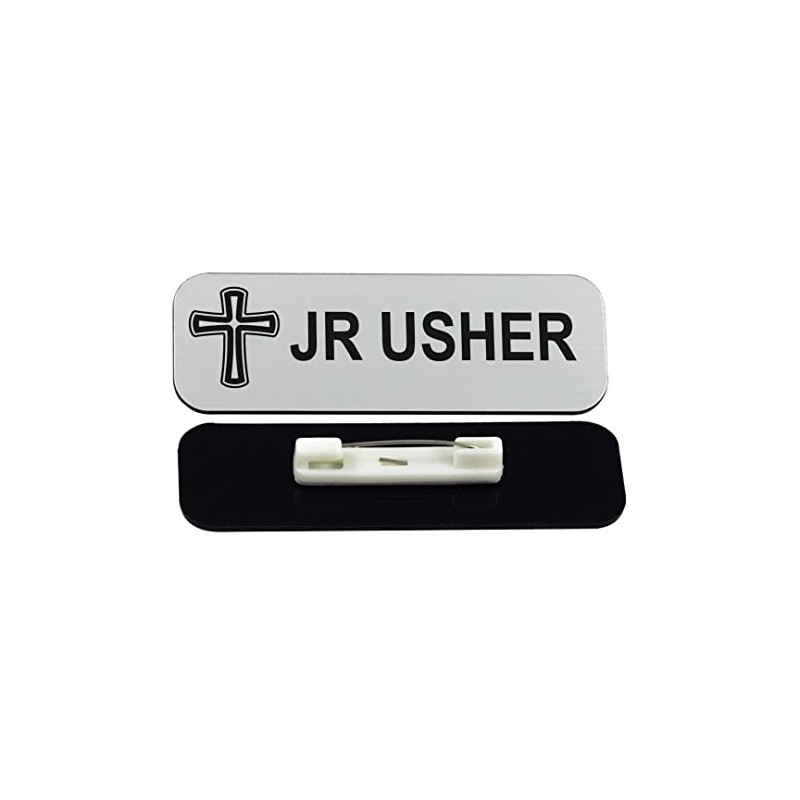 Jr Usher 1 x 3 Name Tag/Badge, Silver, Cross Design