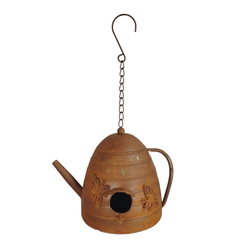 Metal Teapot Bird House in Rust Effect for Hanging