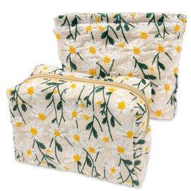 2PCS Floral Makeup Bag Set, Portable Zippered Cosmetic Bags for Women, Clutch and Makeup Pouch for Travel & Daily Use Toiletry Organizer, Beige