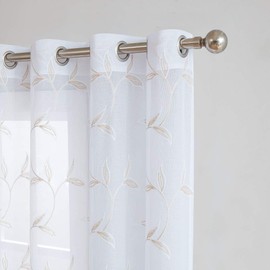 Warm Home Designs Par de 2 Cortinas Blancas Transparentes de Longitud Corta con un Bordado de Hojas Cosidas. Cada Cortina con Ojales 137 cm (Ancho) x 160 cm (Alto 54 x 63 Pulgadas M Linen 63