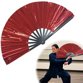 zhongko 2025 New Large Folding Hand Fan, Holographic Laser Color Line Dance Popping Fan, Clap Fans with Ergonomic Grip, Dance Fan for Women Men (Red)