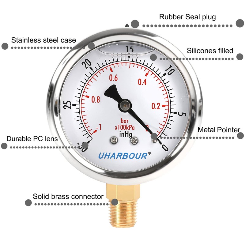 UHARBOUR Glycerin Filled Vacuum Pressure Gauge, 2-1/2" Clear dial,1/4" NPT