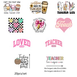 20pcs Pencil Teachers ' Day Coffee DTF Transfers Patches for Crocodile Bags Jackets Heart Loved Teacher Iron on Printing Stickers for Dress T-Shirts Bow Apples dtf Iron on Decals for Clothes