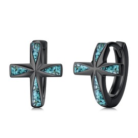 KoyeKei Black Cross Hoop Earrings Turquoise for Men Women 925 Sterling Silver Religious Cross Huggie Earrings Christian Jewelry Faith Gifts