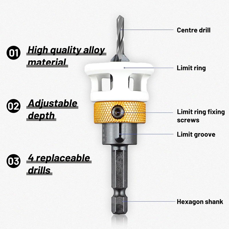 GTNCE Set of 4 Countersink Drill Bits Wood, Adjustable Depth