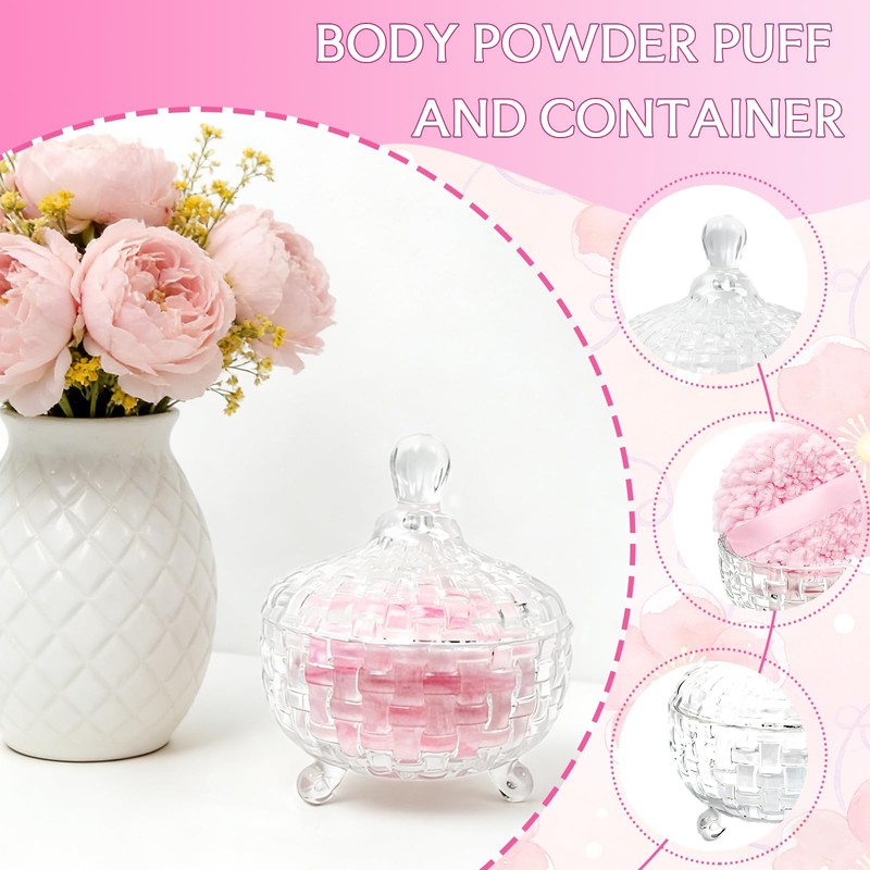 Large Body Powder Puff and Container, Glass Jar Dusting Powder