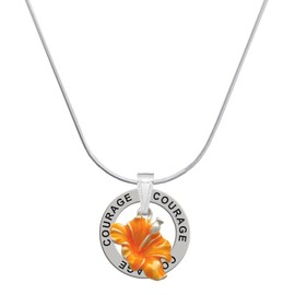 Delight Jewelry Silvertone Hot Orange Hibiscus Flower - Courage Ring Charm Necklace, 18"